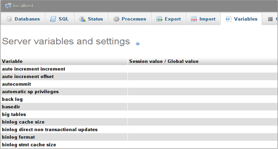 Session value. PHPMYADMIN autoincrement. "Variables" Tab PHPMYADMIN where. MYSQL Tab.